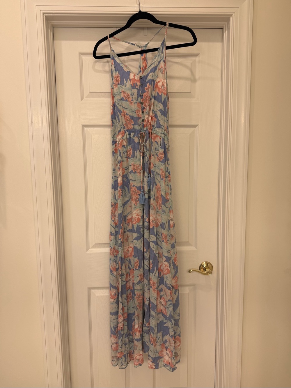 Floral Spaghetti Strap Maxi Dress in Light Blue and Coral